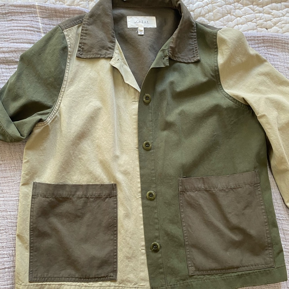 THE GREAT. Two-Tone Olive Green and Cream Patch Pocket Jacket